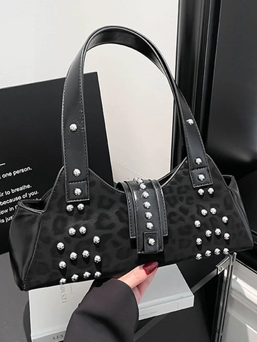 Vintage PU Leder Leopardenmuster Nieten Schultertasche Für Damen Große Kapazität Moto Punk Stil Achseltasche Mode Handtasche