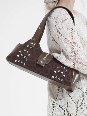 Vintage PU Leder Leopardenmuster Nieten Schultertasche Für Damen Große Kapazität Moto Punk Stil Achseltasche Mode Handtasche
