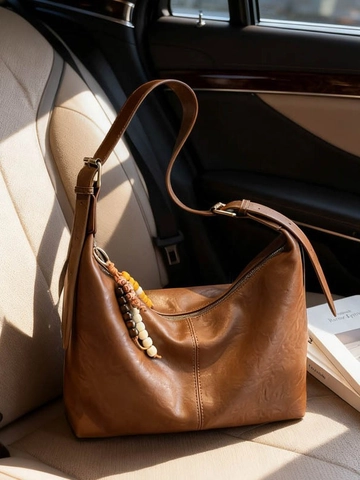 Borsa a Spalla Donna Retrò Grande Capacità in Pelle PU Borsa Hobo Con Ciondolo Nappa Perle Legno Borsa Tote Sottobraccio Casual Pendolare