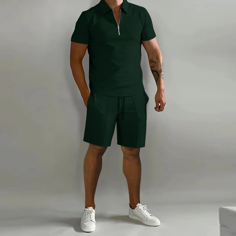 Ανδρικό Καλοκαιρινό Casual Polo Μπλουζάκι Και Σορτς Σετ Πολυεστέρας Φερμουάρ Πέτο Κοντό Μανίκι Top And Bottom Αθλητική Φόρμα