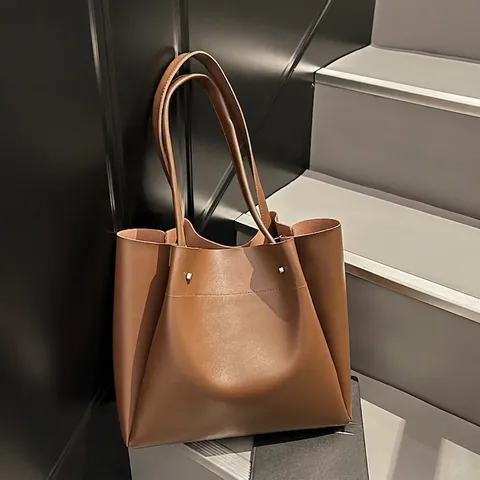 Minimalistische PU-Leder Einkaufstasche Damen Große Kapazität Pendler Schultertasche Mode Tägliche Handtasche Mit Metallnieten