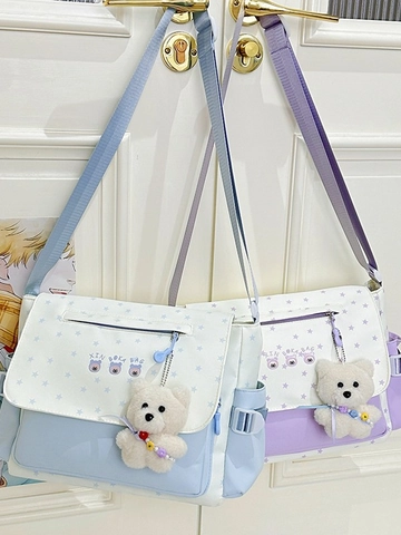 Sac Messager en Nylon Imprimé Étoile pour Femmes Style Japonais Grande Capacité Sac à Épaule Avec Pendentif Ours en Peluche