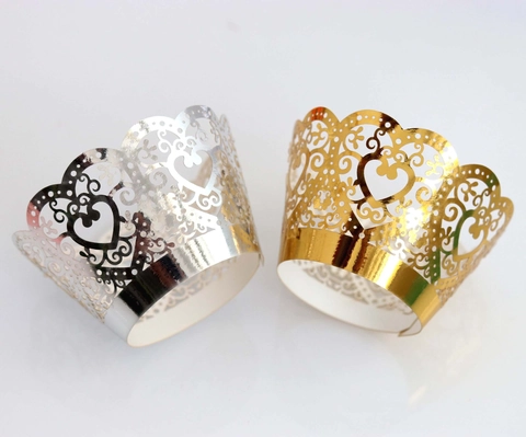 Elegant Heart Laser Cut Cupcake Wrappers Pearl Paper Hollow Cake Decorative Liners For Wedding Birthday Party Decoration