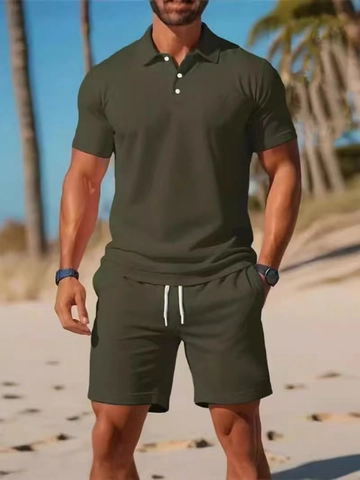 Completo Uomo Casual Polo E Pantaloncini Sopra E Sotto Maglia a Nido d'Ape Traspirante Sportivo Manica Corta Tenuta Spiaggia Estate