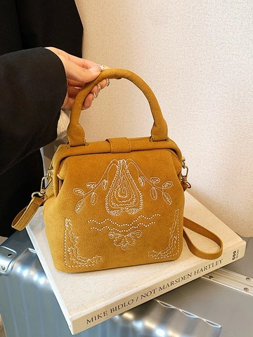 Vintage Chinese Style Frosted Embroidery Shoulder Bag Large Capacity Crossbody Handbag For Women Retro Tote Bag Floral Pattern