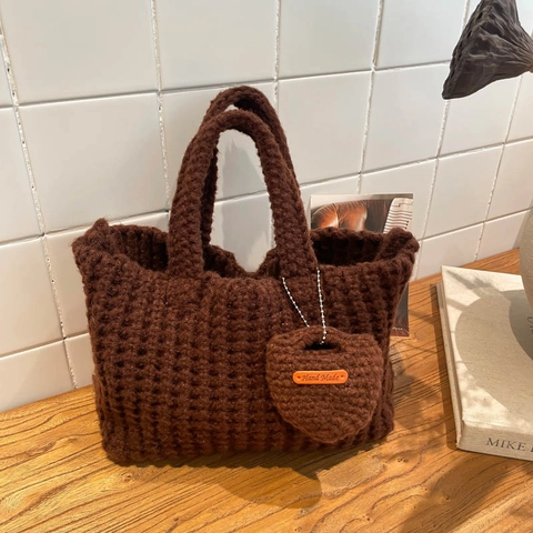 Knitted Fabric Crochet Tote Bag For Women Vintage Woven Handbag With Heart Pendant Casual Winter Daily Top Handle Bag