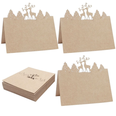 Marque-places Renne Sapin de Noël Découpe Laser Papier Kraft Ajouré pour Mariage Banquet Table de Fête
