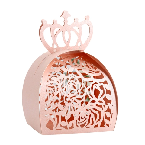 Elegante Scatola per Caramelle a Forma di Corona con Taglio Laser Rosa Floreale Carta Perlata Scatola Regalo per Matrimonio Festa Bomboniera Imballaggio di Cioccolato