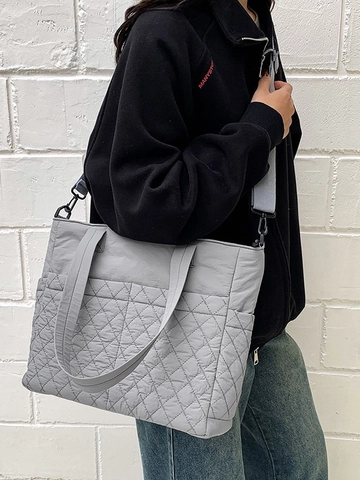 Fashion Quilted Tote Bag For Women Large Capacity Nylon Shoulder Crossbody Bag Diamond Lattice Lightweight Handbag Daily Commute Bag