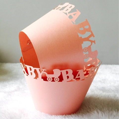 Laser Geschnitten Baby Dusche Cupcake Wrappers BABY Buchstaben Kinderwagen Design Perlpapier Kuchen Grenzen Geburtstag Party Dekoration
