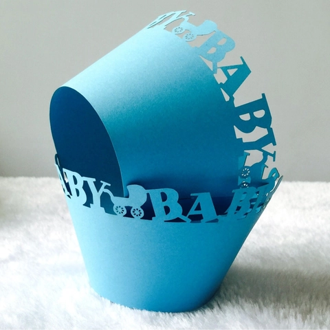 Laser Geschnitten Baby Dusche Cupcake Wrappers BABY Buchstaben Kinderwagen Design Perlpapier Kuchen Grenzen Geburtstag Party Dekoration