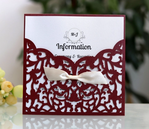 Elegant Laser Cut Wedding Invitations Pearl Paper Hollow Invitation Cards With Ribbon Bow For Bridal Shower Ceremony Party