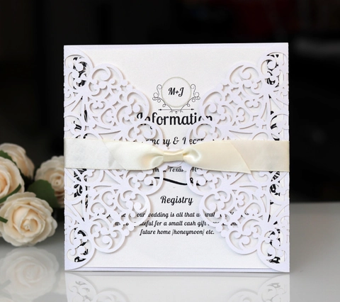 Eleganti Biglietti d'Invito per Matrimonio Intagliati al Laser Con Fiocco in Raso Inviti Floreali Svuotati in Stile Europeo per Feste