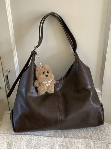 Retro PU Lederen Grote Tote Schoudertas Voor Dames Minimalistische Hobo Tas Met Verticale Stiksels En Optionele Pluche Dierenhanger
