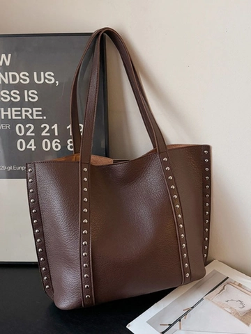 Borsa Tote in Pelle PU di Grande Capacità per Donna Borsa a Tracolla Decorazione Rivetti Retrò Borsa a Mano Minimalista Texture Litchi