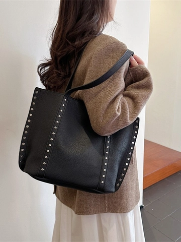 Bolso Tote de Cuero PU de Gran Capacidad para Mujer Bolso de Hombro con Decoración de Remaches Retro Bolso de Mano de Lichi Minimalista