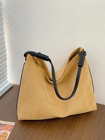Vintage Wildleder Achseltasche Mit Großer Kapazität Für Damen Retro Casual Khaki Schultertasche Mit Knotengurt Pendeltasche