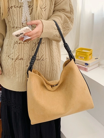 Vintage Wildleder Achseltasche Mit Großer Kapazität Für Damen Retro Casual Khaki Schultertasche Mit Knotengurt Pendeltasche