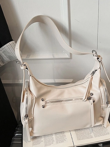 Vintage PU Leather Motorcycle Crossbody Bag For Women Fashion Underarm Bag With Zipper Rivets Commuter Dumpling Handbag