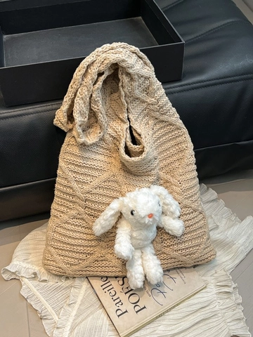 Süße Hasen Plüschtier Anhänger Gestrickte Umhängetasche Große Kapazität Tote Bag Garn Rautenmuster Häkeltasche Für Damen Geschenk