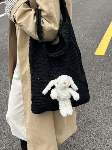 Süße Hasen Plüschtier Anhänger Gestrickte Umhängetasche Große Kapazität Tote Bag Garn Rautenmuster Häkeltasche Für Damen Geschenk