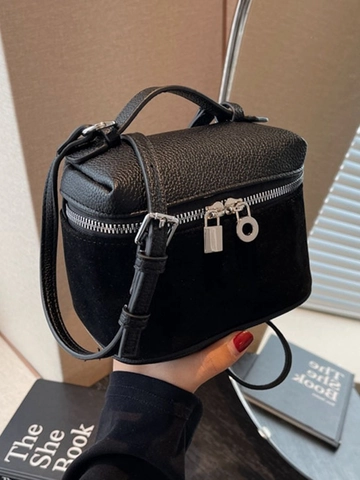 Borsa a Tracolla da Donna Vintage in Pelle PU Splicing Mini Beauty Case Borsa a Mano Con Lucchetto e Cerniera ad Anello Tonda
