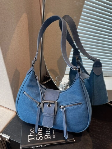 Halbmond Denim Schultertasche Retro Y2K Stil Mit Gürtelschnalle Und Reißverschlusstaschen Damen Casual Unterarmtasche