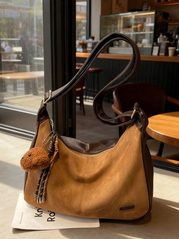 Women Large Capacity PU Suede Patchwork Hobo Bag Retro Casual Shoulder Bag Commuting Tote Bag With Plush Pendant