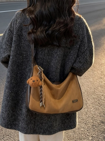 Women Large Capacity PU Suede Patchwork Hobo Bag Retro Casual Shoulder Bag Commuting Tote Bag With Plush Pendant