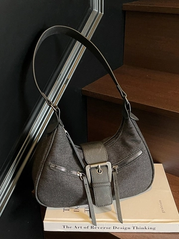 Halbmond Denim Schultertasche Retro Y2K Stil Mit Gürtelschnalle Und Reißverschlusstaschen Damen Casual Unterarmtasche