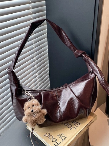 Borsa a Spalla in Pelle PU Plissettata da Donna Grande Capacità Borsa Hobo Dumpling Retrò Casual Con Tracolla Annodata e Ciondolo in Peluche