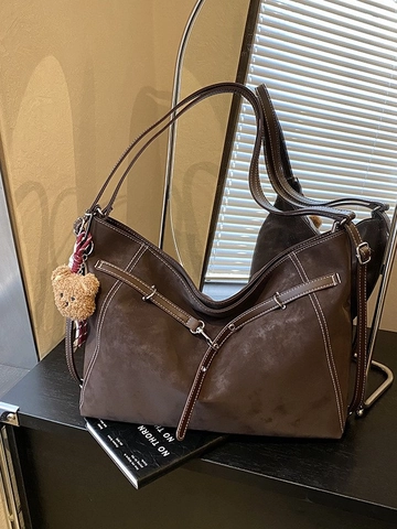 Large Capacity Retro PU Shoulder Bag For Women Contrast Stitching Casual Backpack With Plush Bear Charm Commuting Tote Bag