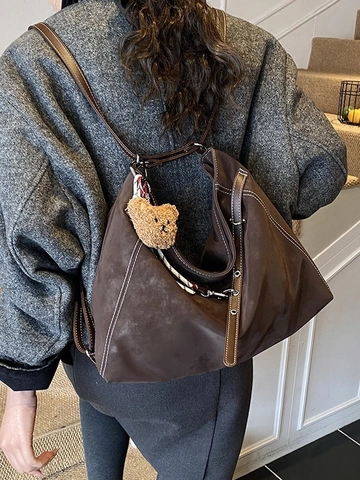 Large Capacity Retro PU Shoulder Bag For Women Contrast Stitching Casual Backpack With Plush Bear Charm Commuting Tote Bag