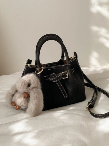 Retro PU Leder Eimer Handtasche Für Damen Mit Hasenanhänger Große Kapazität Ziernähte Schulter Umhängetasche