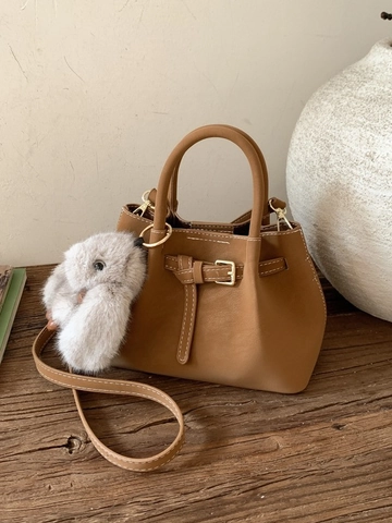 Retro PU Leder Eimer Handtasche Für Damen Mit Hasenanhänger Große Kapazität Ziernähte Schulter Umhängetasche