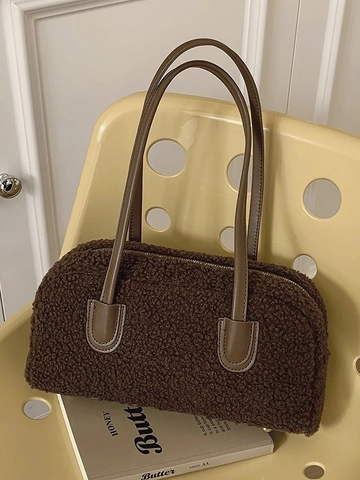 Women Fashion Lamb Wool Handbag Retro Fleece Shoulder Bag Minimalist Underarm Bag Synthetic Leather Handle Autumn Winter Daily Bag