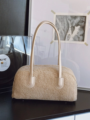 Women Fashion Lamb Wool Handbag Retro Fleece Shoulder Bag Minimalist Underarm Bag Synthetic Leather Handle Autumn Winter Daily Bag