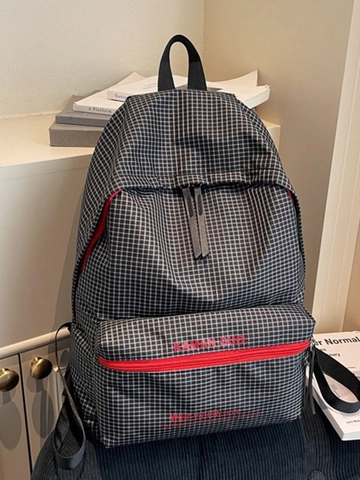 Zaino a Quadretti alla Moda per Donna Grande Capacità Borsa da Scuola Casual in Tela Con Cerniera Rossa a Contrasto
