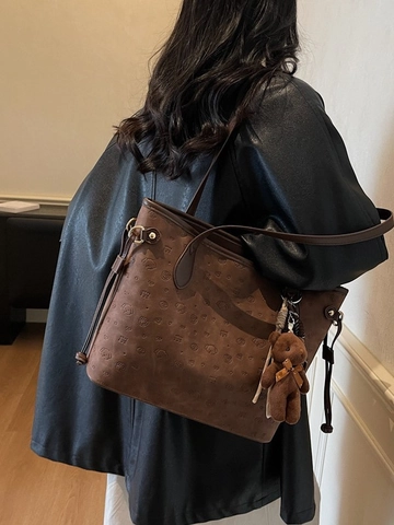 Women's Large Capacity PU Leather Tote Bag Retro Embossed Puppy Heart Pattern Fashion Shoulder Bag With Plush Bear Pendant