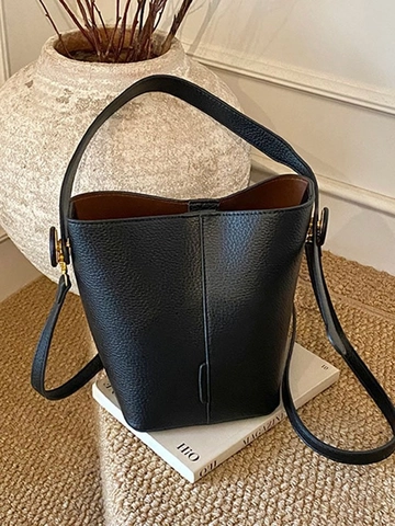 Women Minimalist Lychee Pattern PU Leather Bucket Bag Retro Solid Color Shoulder Crossbody Bag Large Capacity Commuter Handbag