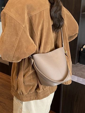 Women Minimalist Lychee Pattern PU Leather Bucket Bag Retro Solid Color Shoulder Crossbody Bag Large Capacity Commuter Handbag