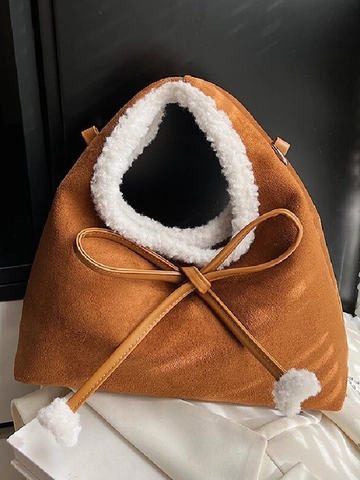 Vintage Suede Handbag For Women Winter Artificial Lamb Wool Plush Shoulder Bag With Bow Leopard Print Crossbody Fashion Tote