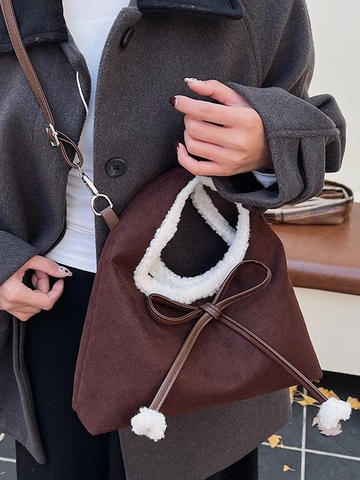 Vintage Suede Handbag For Women Winter Artificial Lamb Wool Plush Shoulder Bag With Bow Leopard Print Crossbody Fashion Tote