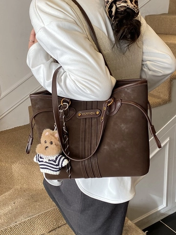 Sac Fourre-tout de Grande Capacité pour Femmes Sac à Épaule en Cuir PU Vintage Main Simple Mode Sac de Shopping pour Dames