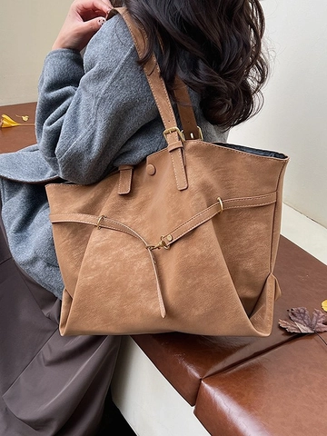 Vintage Large Capacity PU Leather Tote Bag For Women Solid Color Casual Commute Shoulder Bag With Magnetic Buckle Closure