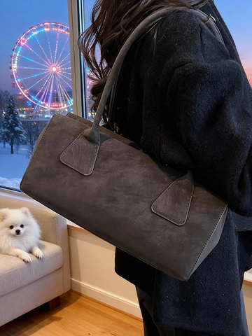 Vintage Large Capacity Underarm Shoulder Bag For Women Stylish PU Leather Commuter Handbag Solid Color Zipper Closure Tote Bag