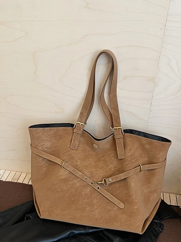 Vintage Large Capacity PU Leather Tote Bag For Women Solid Color Casual Commute Shoulder Bag With Magnetic Buckle Closure