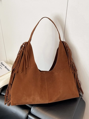 Retro Matte PU Suede Franje Schoudertas Voor Vrouwen Boheemse Grote Capaciteit Tote Tas Kwastje Hobotas Casual Onderarm Tas Mode Handtas
