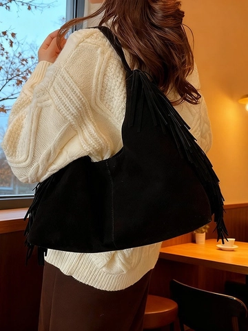 Retro Matte PU Suede Franje Schoudertas Voor Vrouwen Boheemse Grote Capaciteit Tote Tas Kwastje Hobotas Casual Onderarm Tas Mode Handtas