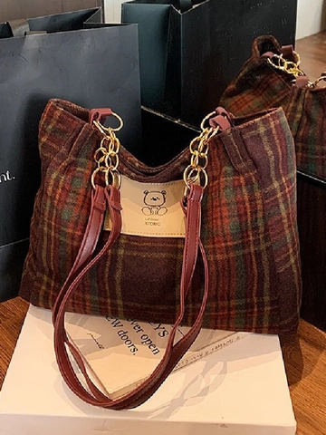 Borsa Tote in Lana a Quadretti di Grande Capacità Retro Autunno Inverno Borsa a Spalla da Donna Moda Casual Borsa Sottobraccio